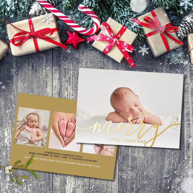 Tarjeta Festiva Con Relieve Metalizado Merry Little Christmas 4 Photos Baby Birth Gold (Subido por el creador)