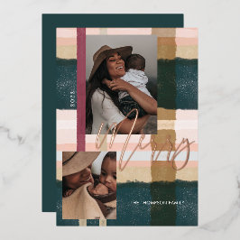 Tarjeta Festiva Con Relieve Metalizado Merry Moderno Green & Pink Plaid Plaid Two Photo