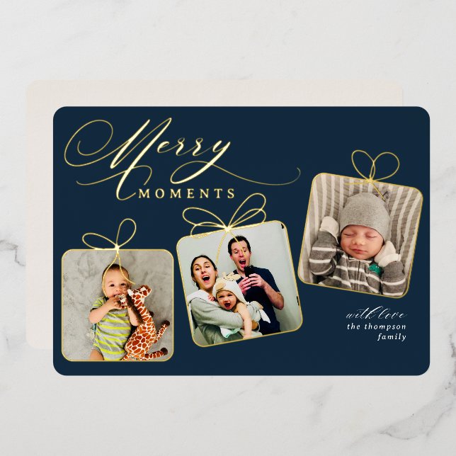 Tarjeta Festiva Con Relieve Metalizado Merry Moments Dark Blue Collage de fotos Gold (Anverso/Reverso)