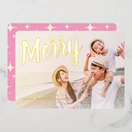 Tarjeta Festiva Con Relieve Metalizado Merry Pink Retro Brillo Dorado Metálico