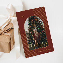 Tarjeta Festiva Con Relieve Metalizado Merry Script Rayas modernas Marco de arco de fotos