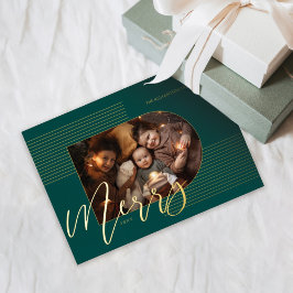 Tarjeta Festiva Con Relieve Metalizado Merry Script Rayas modernas Marco de arco fotográf