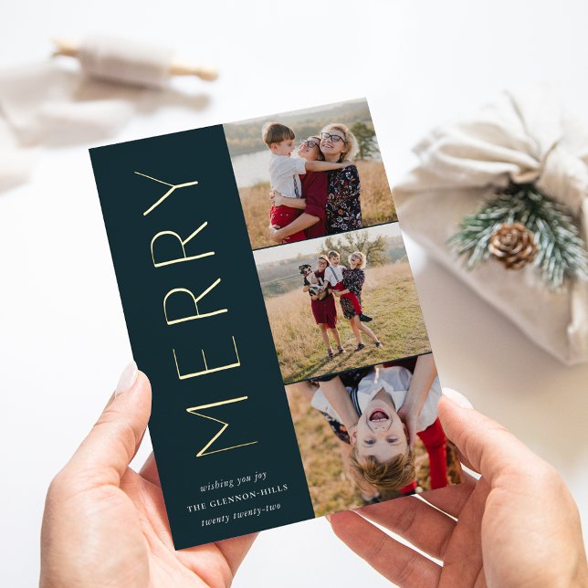 Tarjeta Festiva Con Relieve Metalizado Merry Trio | Collage de fotos moderno 3 (Subido por el creador)