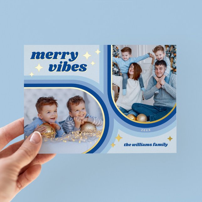Tarjeta Festiva Con Relieve Metalizado Merry Vibes Retro Arch Photo Blue and Gold (Subido por el creador)