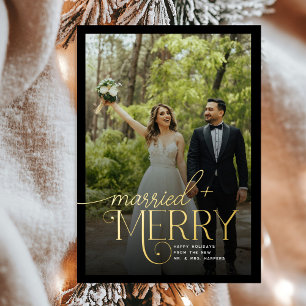 Tarjeta Festiva Con Relieve Metalizado Merry y casados 3 fotos de Navidades recién casado
