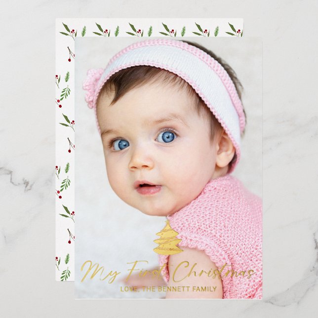 Tarjeta Festiva Con Relieve Metalizado Mi primer foto de Navidad Guión de vacaciones (Anverso/Reverso)