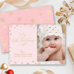 Tarjeta Festiva Con Relieve Metalizado Mi primera foto de bebé en Navidad Rosa Chic Oro R
