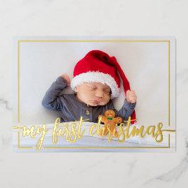 Tarjeta Festiva Con Relieve Metalizado Mi primera foto horizontal de Navidad