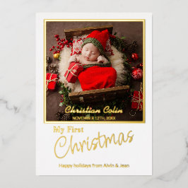 Tarjeta Festiva Con Relieve Metalizado Mi Primera Navidad Minimal Foil Foto de Nacimiento
