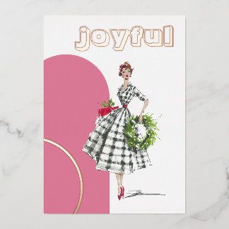 Tarjeta Festiva Con Relieve Metalizado Mid Century Modern Lady Foil Holiday Card
