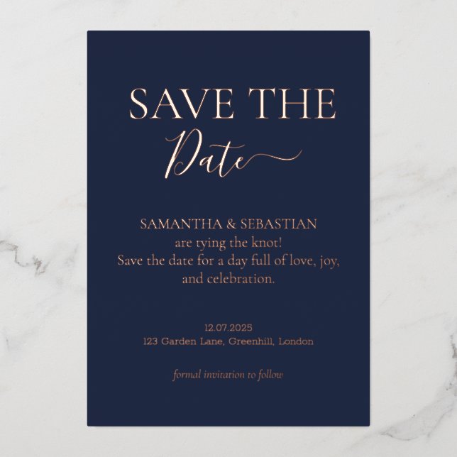 Tarjeta Festiva Con Relieve Metalizado Midnight Blue Real Foil Real Foil Save the Date (Anverso)