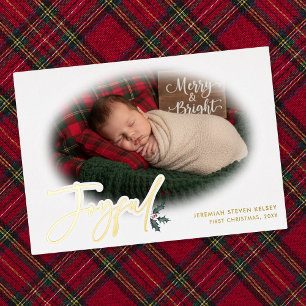 Tarjeta Festiva Con Relieve Metalizado Mínima Primera Navidad del Bebé Alegre