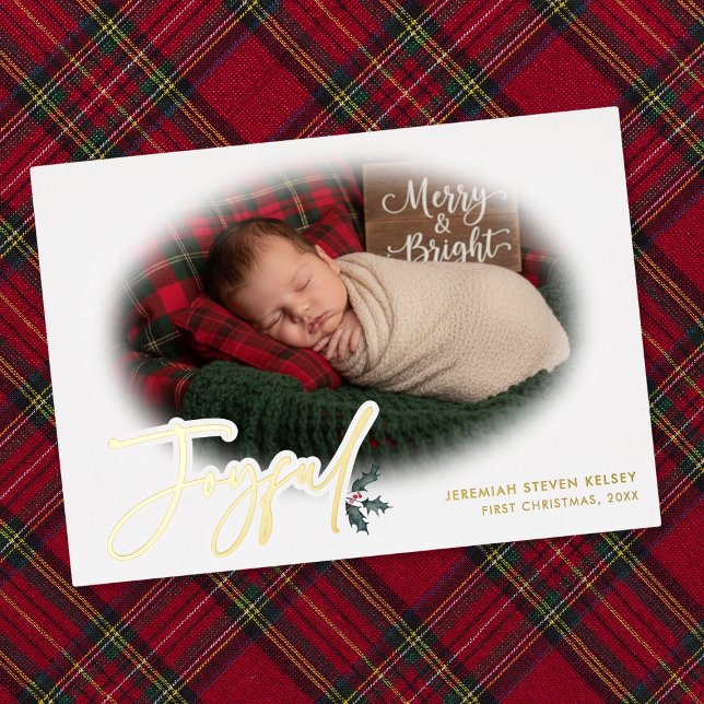 Tarjeta Festiva Con Relieve Metalizado Minimal Baby First Christmas Joyful (Minimal Baby First Christmas Joyful Foil Holiday Card)