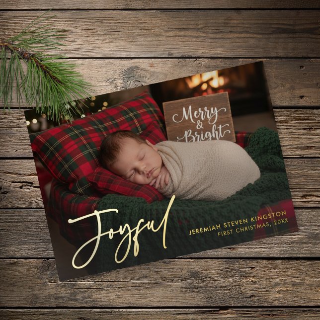 Tarjeta Festiva Con Relieve Metalizado Minimal Baby First Christmas Joyful Photo (Minimal Baby First Christmas Joyful Photo Foil Holiday Card)