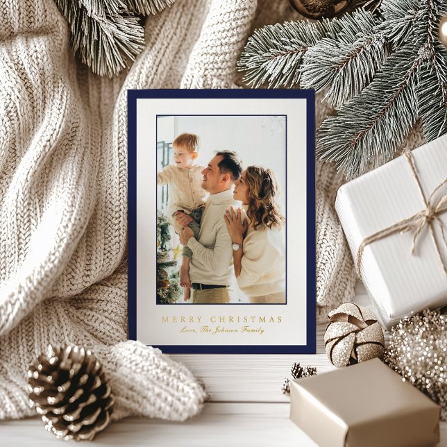 Tarjeta Festiva Con Relieve Metalizado Minimal Blue Border Photo Elegant Christmas (Subido por el creador)