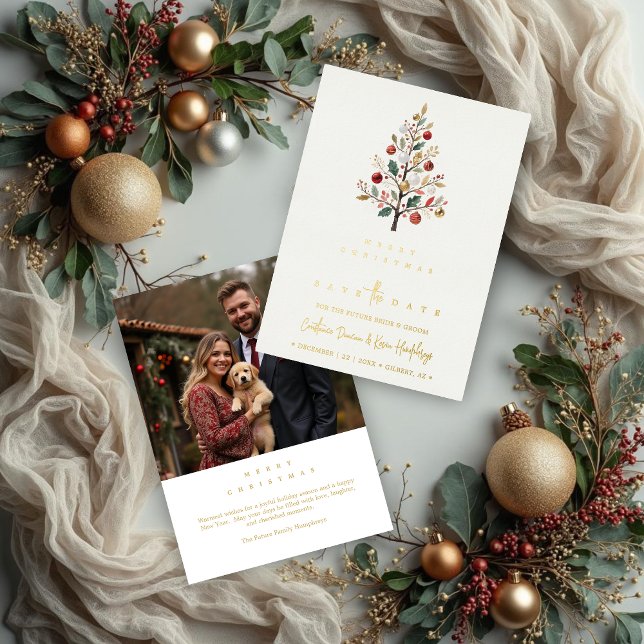 Tarjeta Festiva Con Relieve Metalizado Minimal Chic Winter Christmas Tree Wedding Save (Minimalist Chic Winter Christmas Tree Wedding Save the Date Holiday Card with Back Photo.)