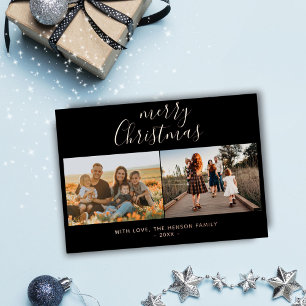 Tarjeta Festiva Con Relieve Metalizado Minimal Negro Script Merry Christmas Familia Foto