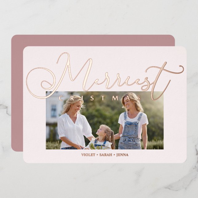 Tarjeta Festiva Con Relieve Metalizado Minimal Pink Photo Merriest Christmas Typography (Anverso/Reverso)