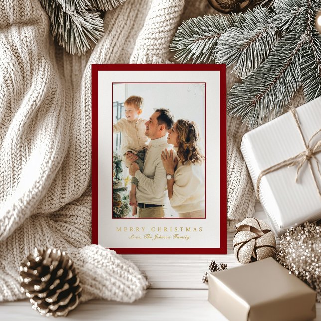 Tarjeta Festiva Con Relieve Metalizado Minimal Red Border Photo Elegant Christmas (Subido por el creador)
