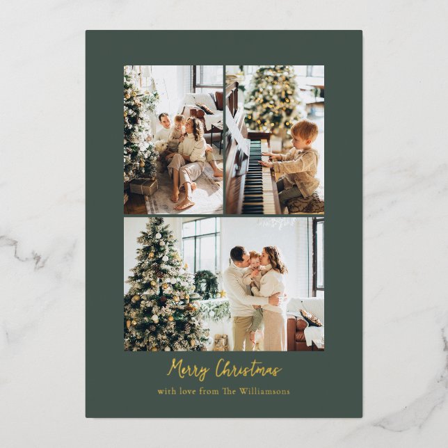 Tarjeta Festiva Con Relieve Metalizado Minimalist Photo Collage Christmas Chic Green Gold (Anverso)