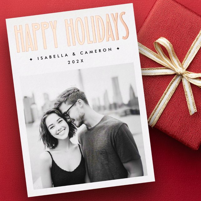 Tarjeta Festiva Con Relieve Metalizado Minimalist retro Happy Holidays white Christmas (Minimalist retro Happy Holidays white Christmas Foil Holiday Card)