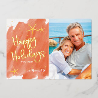 Tarjeta Festiva Con Relieve Metalizado Minimalista Coral y Oro Tropical Playa Acuarela