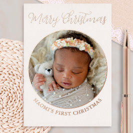 Tarjeta Festiva Con Relieve Metalizado Minimalista Foto Adorable Feliz Primera Navidad de