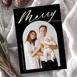 Tarjeta Festiva Con Relieve Metalizado Minimalista Merry Black and Gold Script 2 Photo
