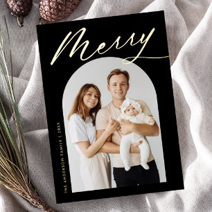Tarjeta Festiva Con Relieve Metalizado Minimalista Merry Black and Gold Script 2 Photo