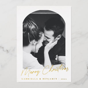 Tarjeta Festiva Con Relieve Metalizado Minimalista Moderna Elegante Arco Foto Navidad