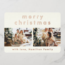 Tarjeta Festiva Con Relieve Metalizado Minimalista moderno Feliz Navidad Dos Rosas de fot