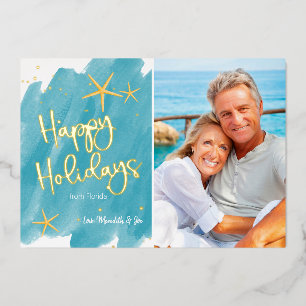Tarjeta Festiva Con Relieve Metalizado Minimalista Playa Acuarela Felices Fiestas