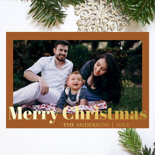 Tarjeta Festiva Con Relieve Metalizado Mínimo Feliz Navidad Gingerbread Photo Family