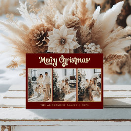 Tarjeta Festiva Con Relieve Metalizado Mínimo Tres Foto Rojo Burdeos Feliz Navidad 
