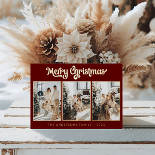 Tarjeta Festiva Con Relieve Metalizado Mínimo Tres Foto Rojo Burdeos Feliz Navidad
