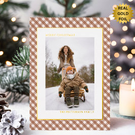 Tarjeta Festiva Con Relieve Metalizado Mocha Brown Gingham Plaid Pattern Photo Navidades
