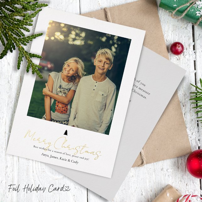 Tarjeta Festiva Con Relieve Metalizado Moda de letra manual moderna foto individual (Chic Modern Hand Lettering Single Photo Foil Holiday Card)