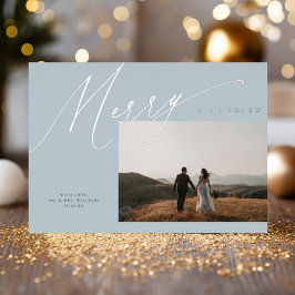Tarjeta Festiva Con Relieve Metalizado Moda Elegante Merry y Casado Una Foto Dusty Azul