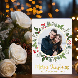 Tarjeta Festiva Con Relieve Metalizado Moda Feliz Navidad Wreath Photo Gold