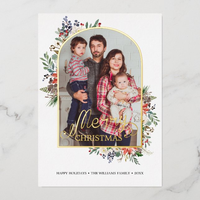 Tarjeta Festiva Con Relieve Metalizado Moda Holly Berries foto de año en repaso (Anverso)