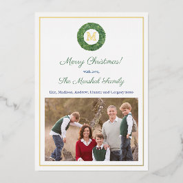 Tarjeta Festiva Con Relieve Metalizado Moda Preppy Boxwood Monograma Wreath Happy Holiday