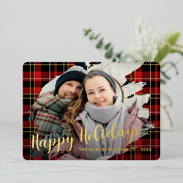 Tarjeta Festiva Con Relieve Metalizado Moda Rojo Negro Amarillo Lámina Blanco Patrón Oro (Anverso de pie)