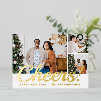 Tarjeta Festiva Con Relieve Metalizado Modern 3 Photo Collage Cheers Happy New Year 