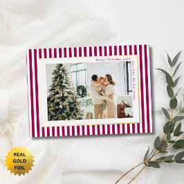 Tarjeta Festiva Con Relieve Metalizado Modern Berry Red Stripes Photo Christmas Gold