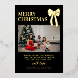 Tarjeta Festiva Con Relieve Metalizado Modern Black Bow Photo Christmas Gold