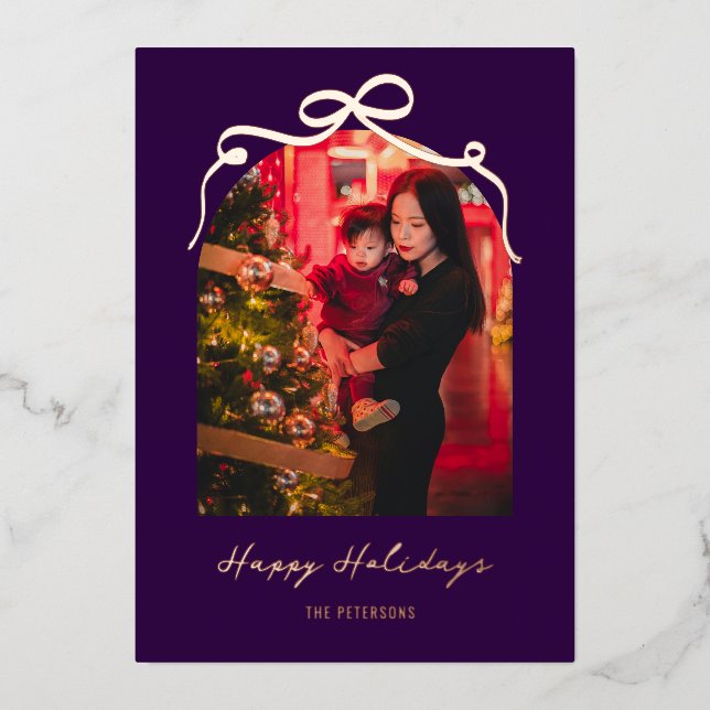Tarjeta Festiva Con Relieve Metalizado Modern Bow Arch Purple Christmas Photo Rose Gold (Anverso)