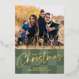 Tarjeta Festiva Con Relieve Metalizado Modern Christmas Checkerboard Foil Photo Card