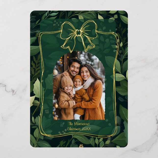 Tarjeta Festiva Con Relieve Metalizado Modern Christmas Leaves Arch Photo Template  (Anverso)