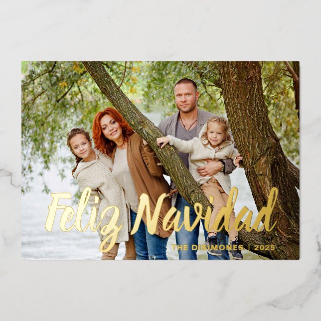 Tarjeta Festiva Con Relieve Metalizado Modern Christmas Photo Feliz Navidad Gold (Anverso)
