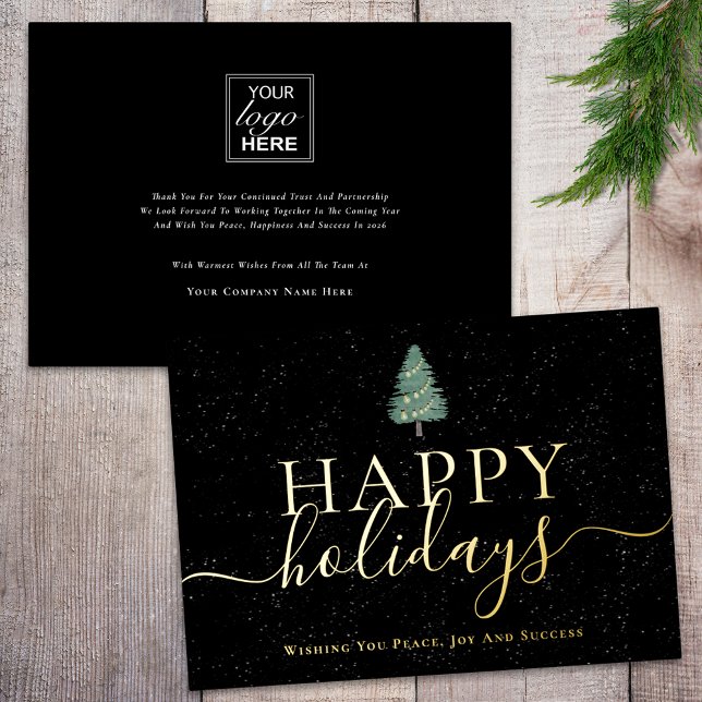 Tarjeta Festiva Con Relieve Metalizado Modern Christmas Tree Company Logo Black & Gold (Simple Christmas tree and lights happy holidays company logo black & gold foil business holiday card)
